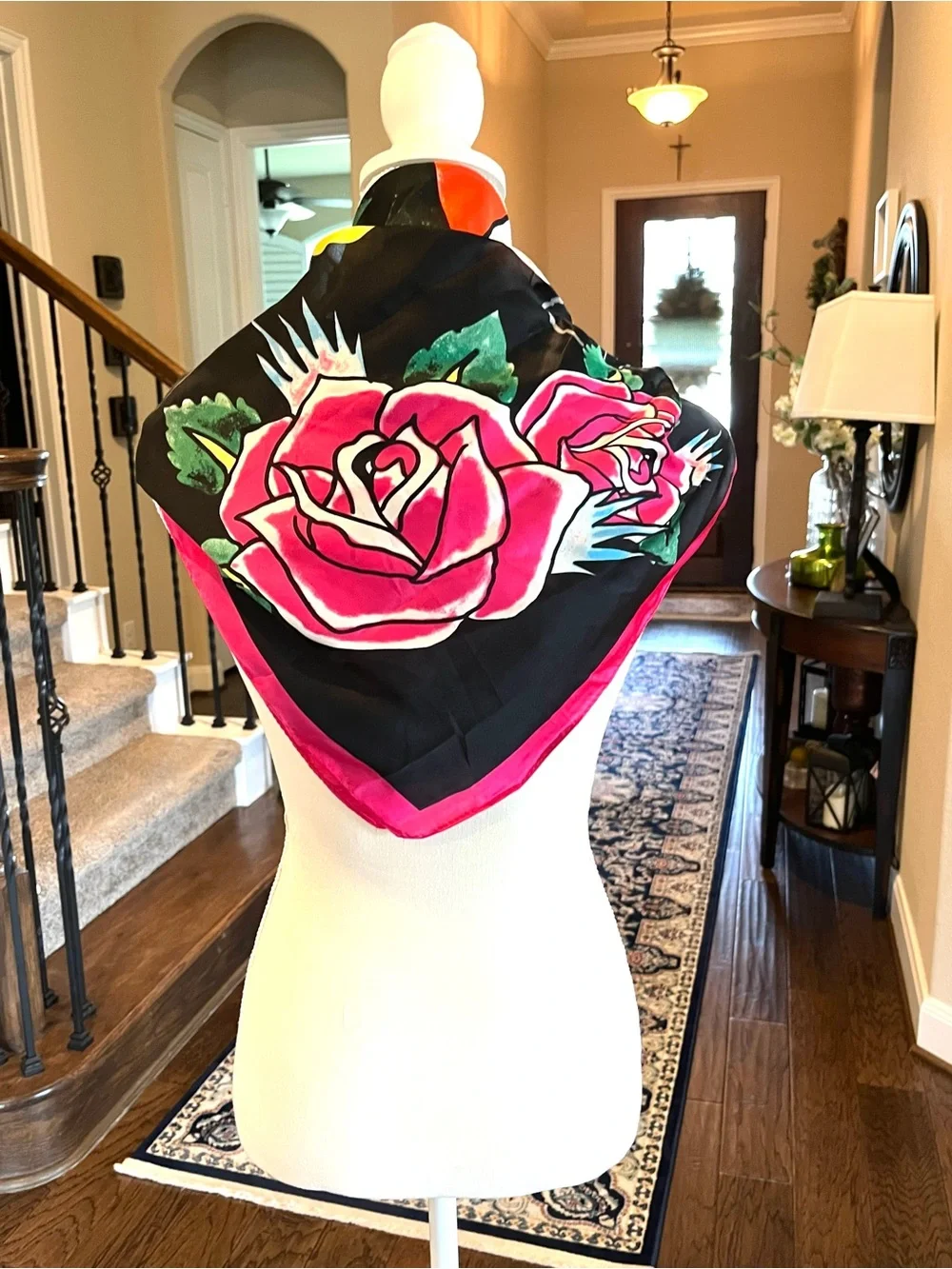 Ed Hardy Black Scarf with Pink Rose Border and Heart Skull Graphic Love